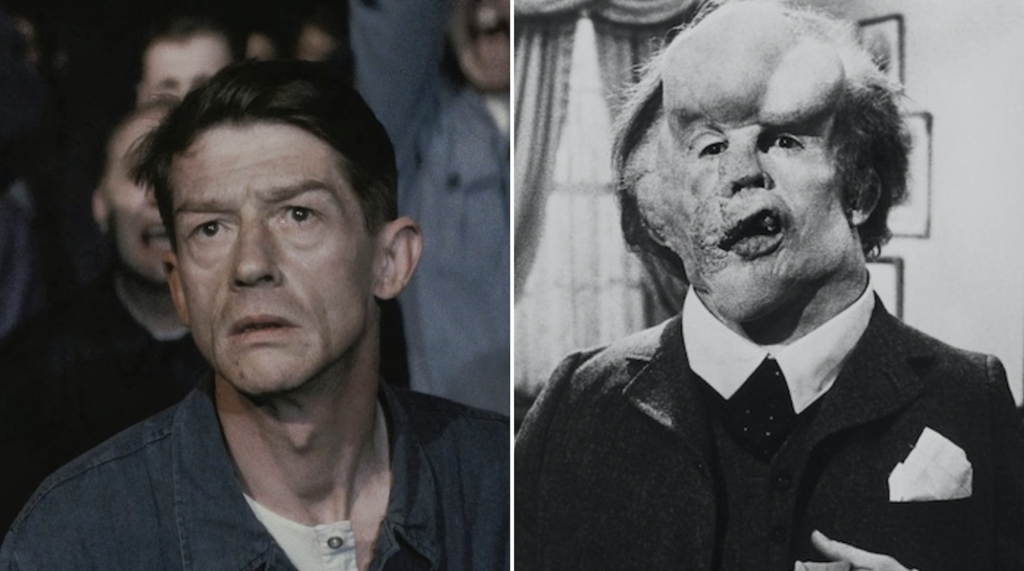 John Hurt, antes e depois, em O Homem Elefante. Após os esforços mal sucedidos do próprio Lynch para recriar John Merrick, Christopher Tucker foi contratado para desenvolver a maquiagem protética